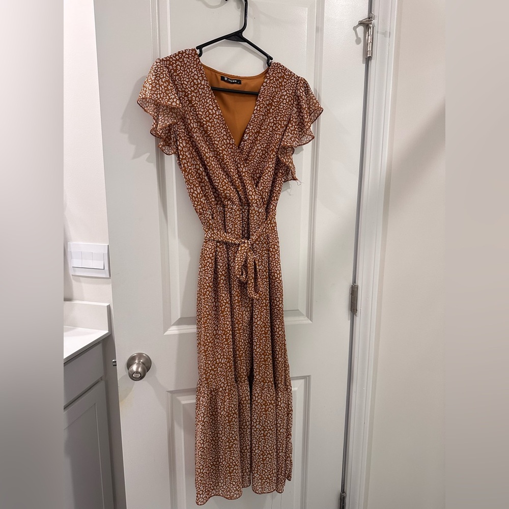 Amazon Tan Wrap Tie Front Maxi Dress